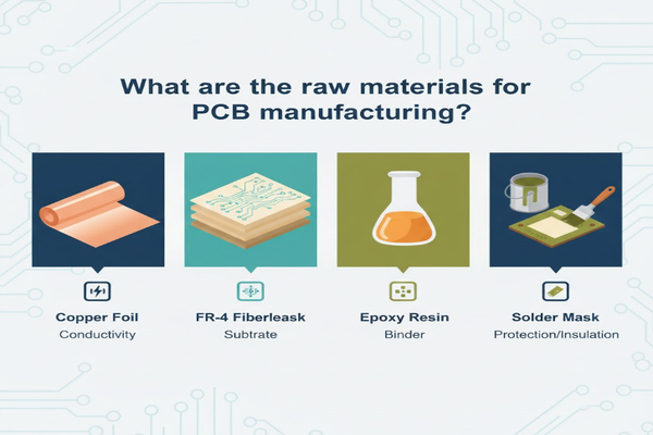 A close-up of raw PCB materials like copper sheets and fiberglass weave